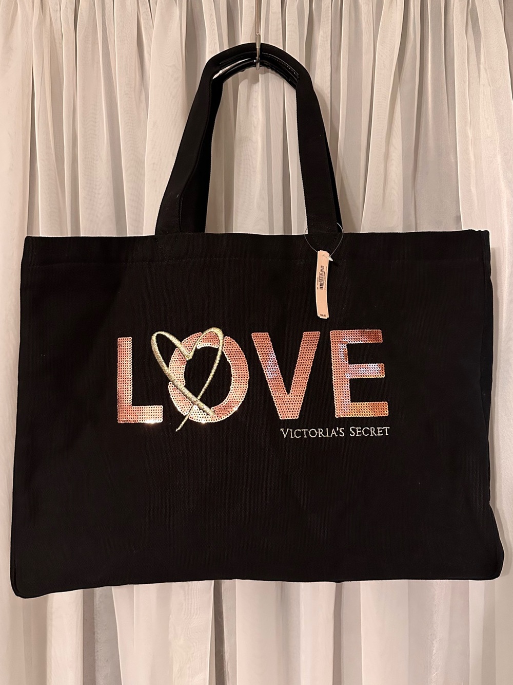 Victoria's Secret Black Pink Sequin LOVE Canvas Large Tote